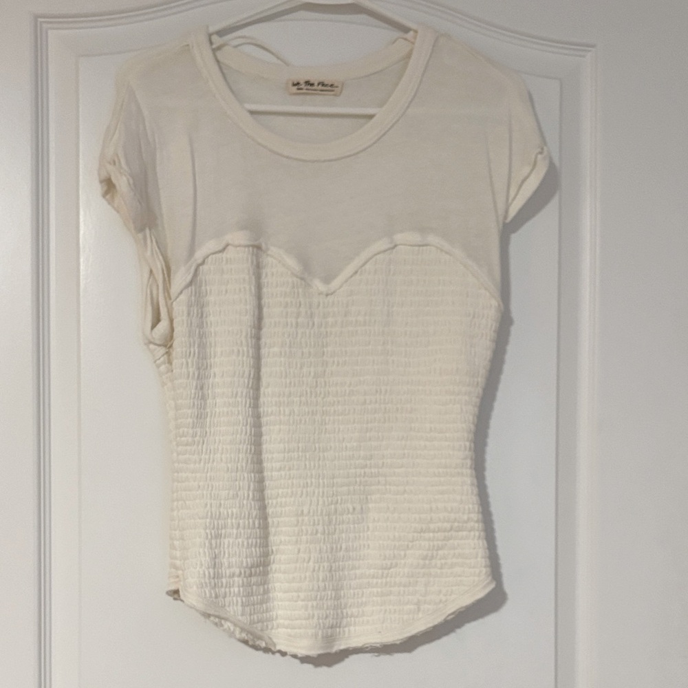 Free People Like New Smocked Heart Shaped Cream White Short Sleeve Top.